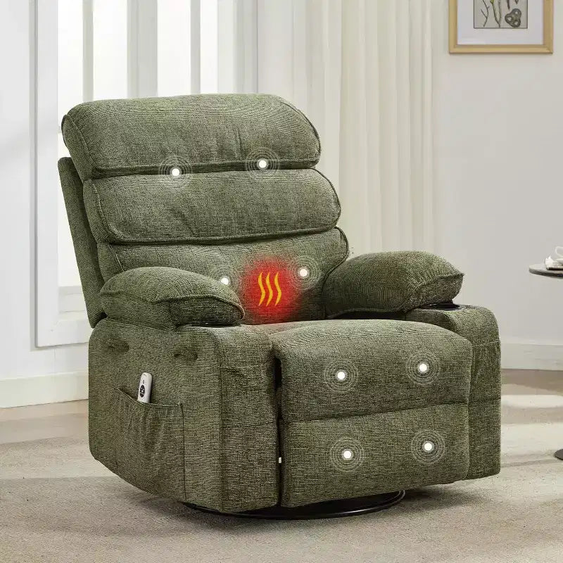 Rocker Recliner, 360 Swivel Linen Glider Chairs, Side Pocket & 2 Cup Holders, for Living Room, Bedroom