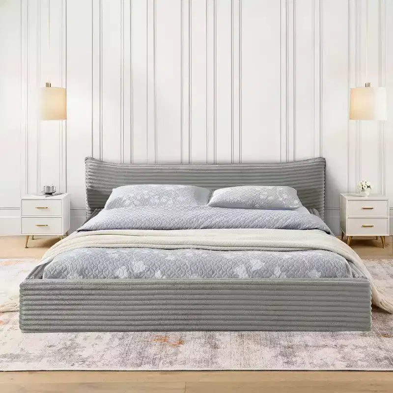Queen Size Upholstered Bed Frame Grounded Platform Bed with Curved Headboard, Velvet - ModernLuxe