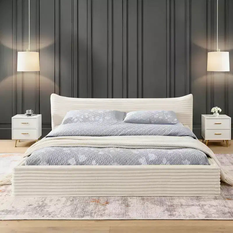 Queen Size Upholstered Bed Frame Grounded Platform Bed with Curved Headboard, Velvet - ModernLuxe