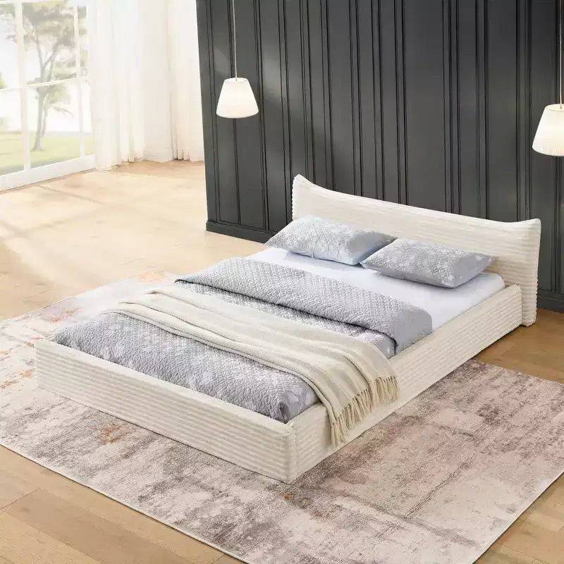 Queen Size Upholstered Bed Frame Grounded Platform Bed with Curved Headboard, Velvet - ModernLuxe