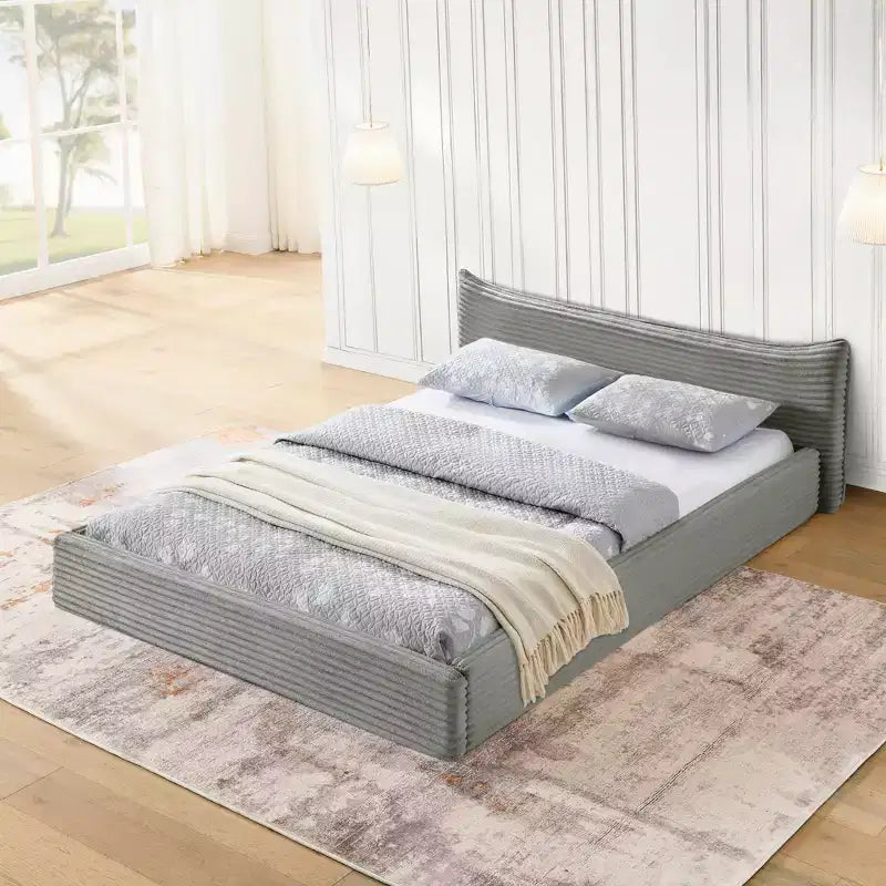 Queen Size Upholstered Bed Frame Grounded Platform Bed with Curved Headboard, Velvet - ModernLuxe