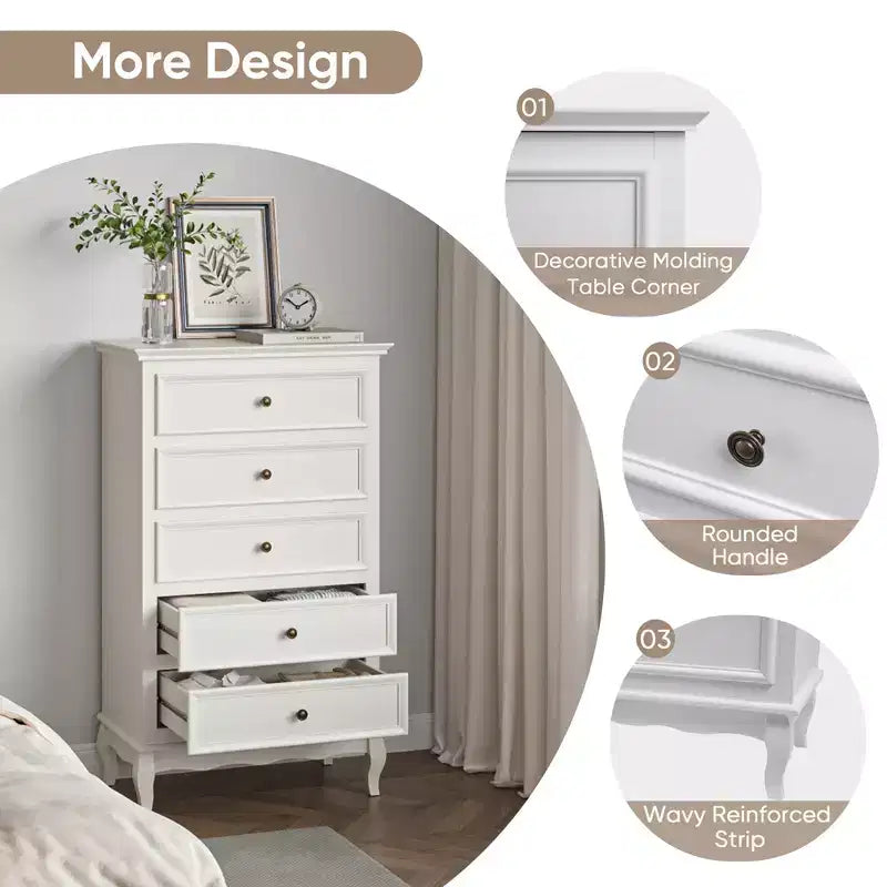 5 Drawer Dresser for Bedroom, Modern Storage Closet Cabinet Organizerwith Solid Wood Legs and Painted Finish-White