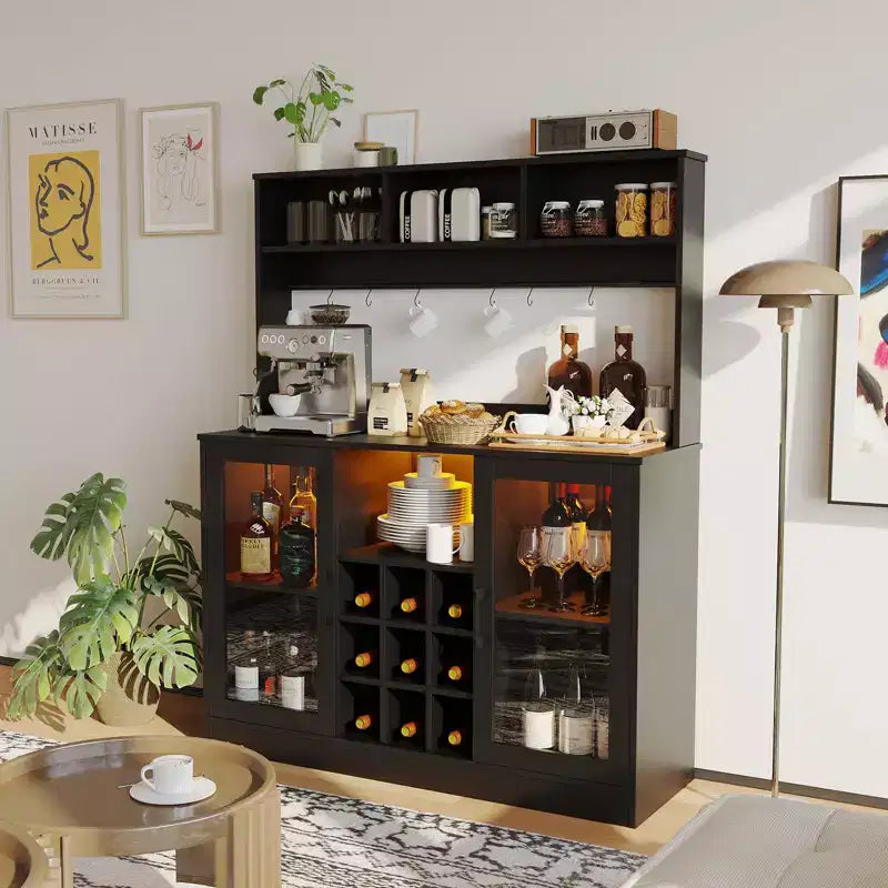 Industrial Side Table with Charging Station, Retro End Table with Wine Rack