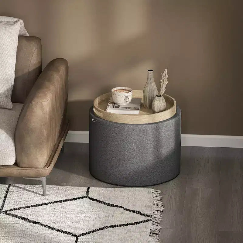Round Storage Ottoman Coffee Table with Flip Top Tray, Linen Fabric Upholstered Footstool with Hidden Compartment