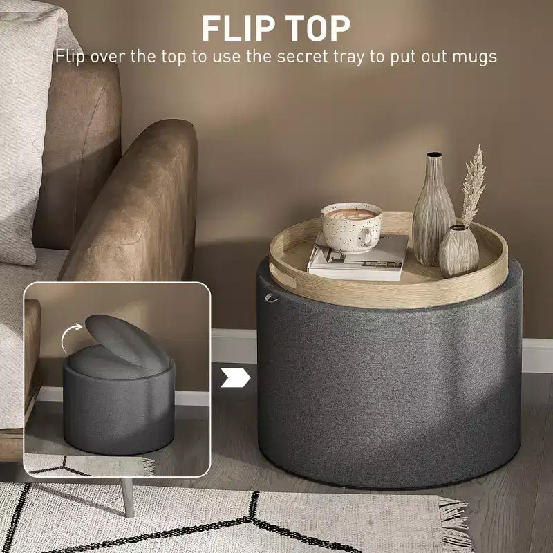 Round Storage Ottoman Coffee Table with Flip Top Tray, Linen Fabric Upholstered Footstool with Hidden Compartment