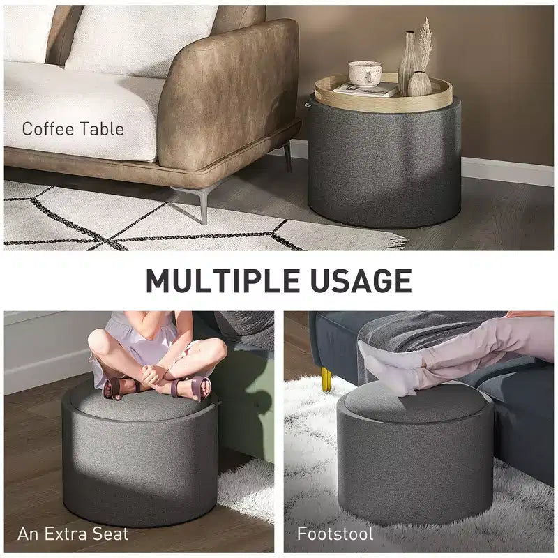 Round Storage Ottoman Coffee Table with Flip Top Tray, Linen Fabric Upholstered Footstool with Hidden Compartment