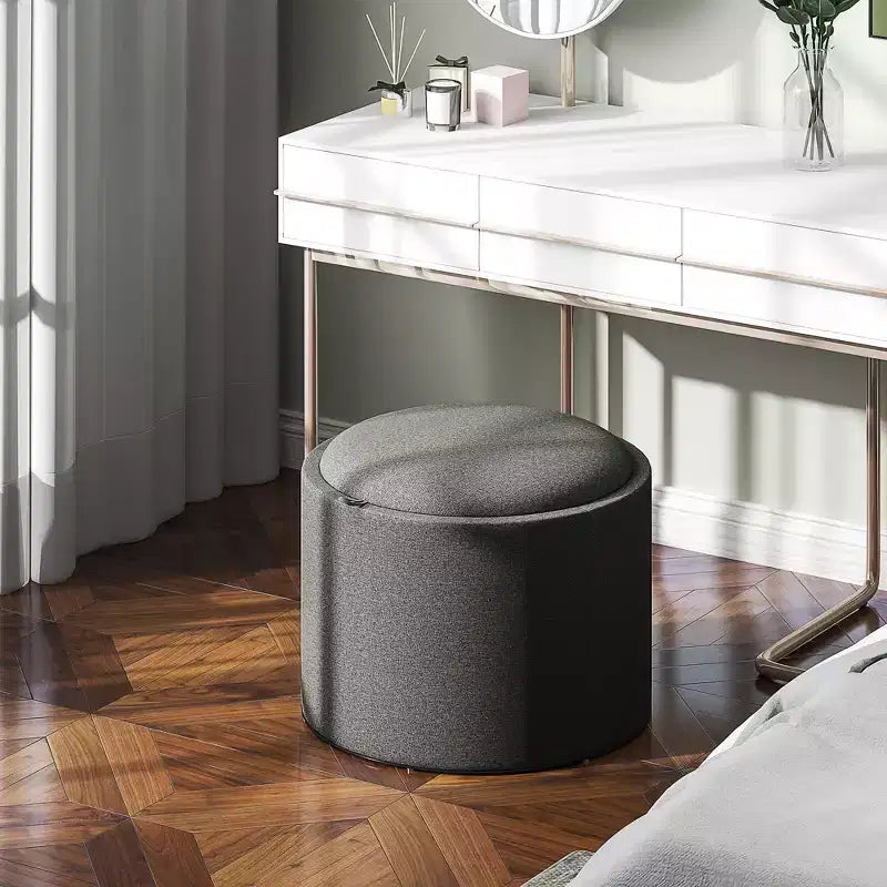 Round Storage Ottoman Coffee Table with Flip Top Tray, Linen Fabric Upholstered Footstool with Hidden Compartment
