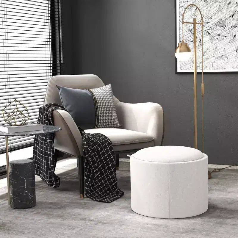 Round Storage Ottoman Coffee Table with Flip Top Tray, Linen Fabric Upholstered Footstool with Hidden Compartment