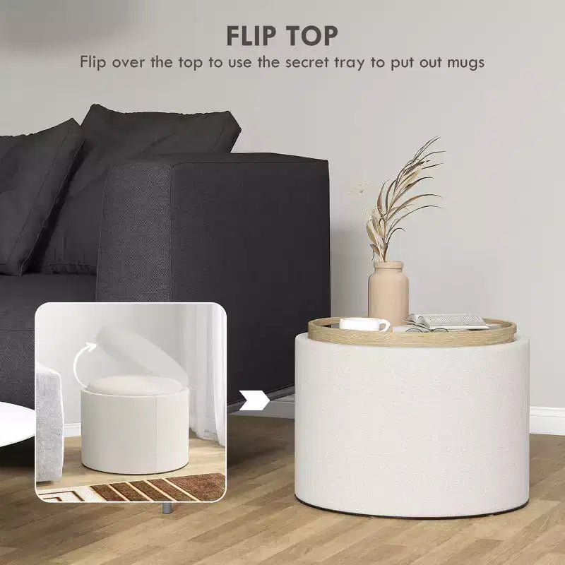 Round Storage Ottoman Coffee Table with Flip Top Tray, Linen Fabric Upholstered Footstool with Hidden Compartment