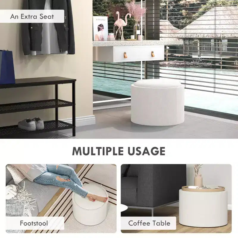 Round Storage Ottoman Coffee Table with Flip Top Tray, Linen Fabric Upholstered Footstool with Hidden Compartment