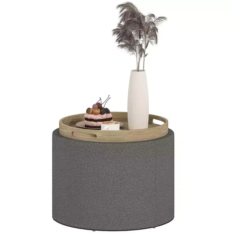 Round Storage Ottoman Coffee Table with Flip Top Tray, Linen Fabric Upholstered Footstool with Hidden Compartment