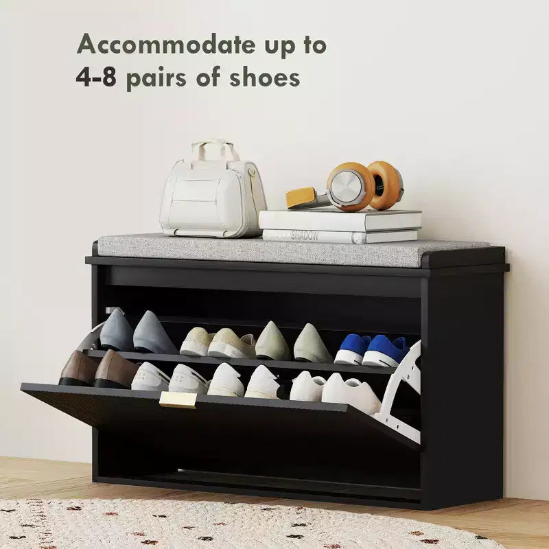 Shoe Storage Bench with Padded Seat Cushion and Flip-Drawer, Entryway Bench, Shoe Cabinet, 31.5x10.2x18.7 Inches
