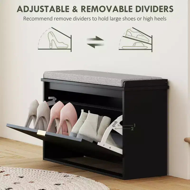 Shoe Storage Bench with Padded Seat Cushion and Flip-Drawer, Entryway Bench, Shoe Cabinet, 31.5x10.2x18.7 Inches