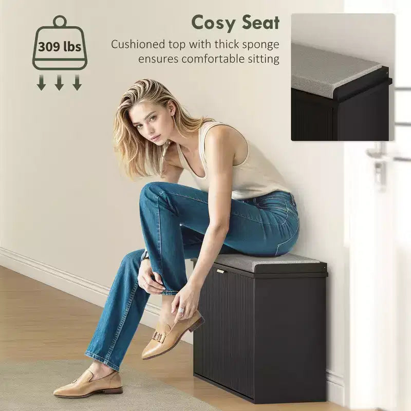 Shoe Storage Bench with Padded Seat Cushion and Flip-Drawer, Entryway Bench, Shoe Cabinet, 31.5x10.2x18.7 Inches