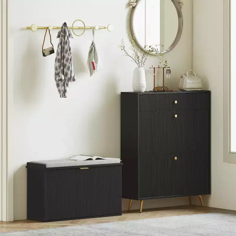 Shoe Storage Bench with Padded Seat Cushion and Flip-Drawer, Entryway Bench, Shoe Cabinet, 31.5x10.2x18.7 Inches