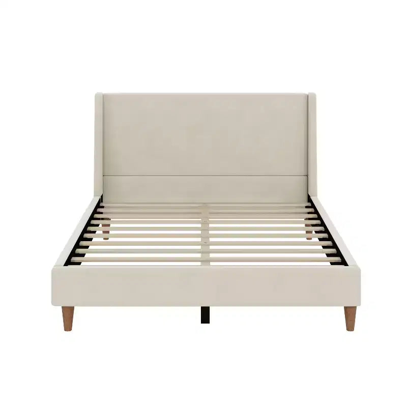 Merax Modern Upholstered Platform Bed with Wingback Headboard and Walnut Wooden Legs