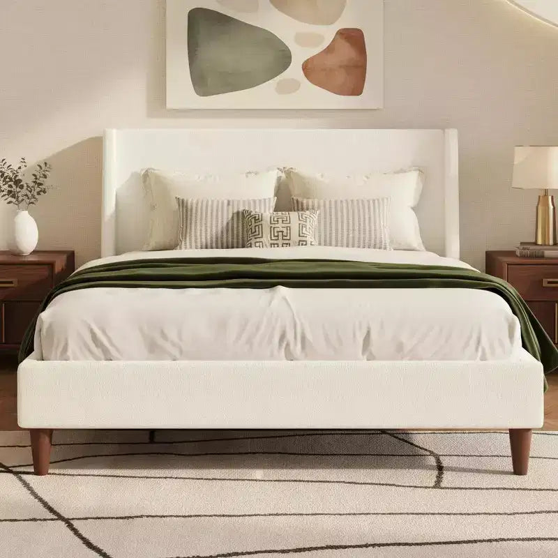 Merax Modern Upholstered Platform Bed with Wingback Headboard and Walnut Wooden Legs