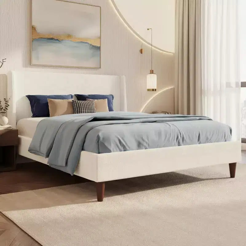 Merax Modern Upholstered Platform Bed with Wingback Headboard and Walnut Wooden Legs