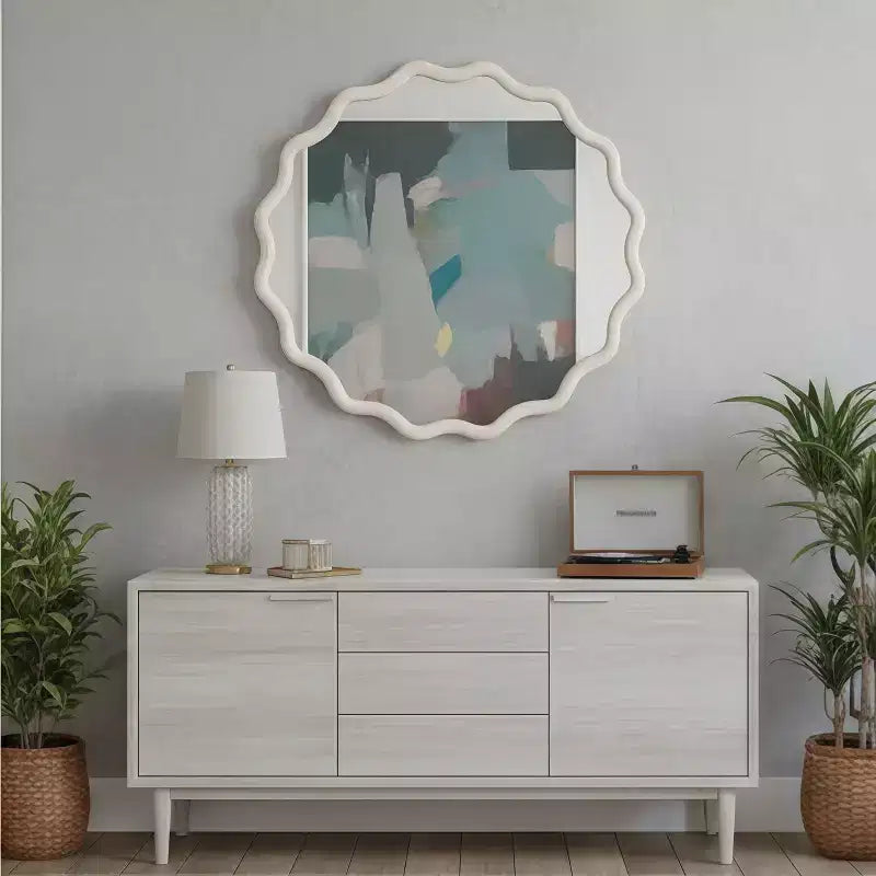 PexFix 36 Wavy Round Solid Wood Frame Decorative Mirror Modern Farmhouse Wall Mirror For Bedroom Bathroom Living Room Entryway White