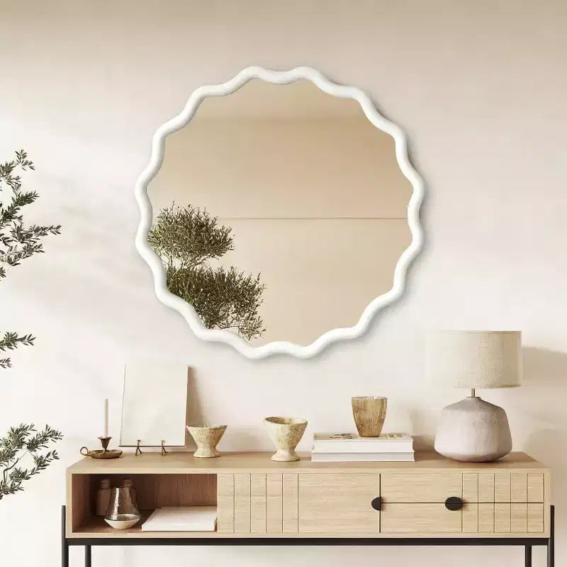 PexFix 36 Wavy Round Solid Wood Frame Decorative Mirror Modern Farmhouse Wall Mirror For Bedroom Bathroom Living Room Entryway White