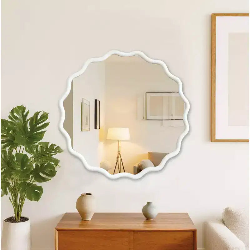 PexFix 36 Wavy Round Solid Wood Frame Decorative Mirror Modern Farmhouse Wall Mirror For Bedroom Bathroom Living Room Entryway White
