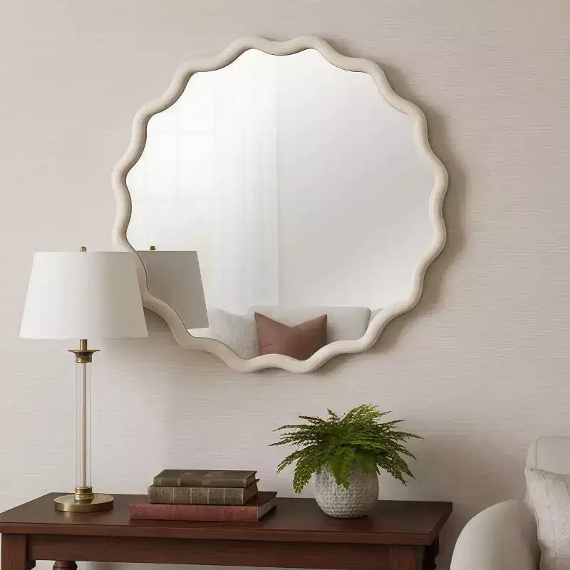 PexFix 36 Wavy Round Solid Wood Frame Decorative Mirror Modern Farmhouse Wall Mirror For Bedroom Bathroom Living Room Entryway White
