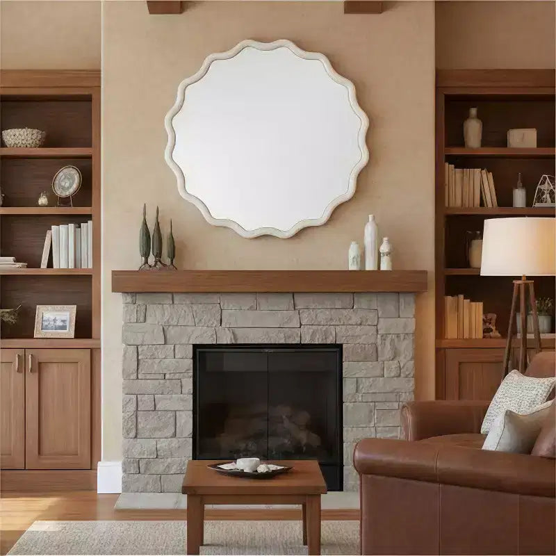 PexFix 36 Wavy Round Solid Wood Frame Decorative Mirror Modern Farmhouse Wall Mirror For Bedroom Bathroom Living Room Entryway White