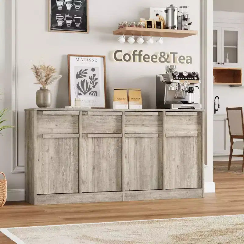 62.4 in Large Coffee Cabinet with Storage Sideboard Buffet Cabinet with 4 Drawers & 4 Doors, Modern Buffet Table for Kitchen