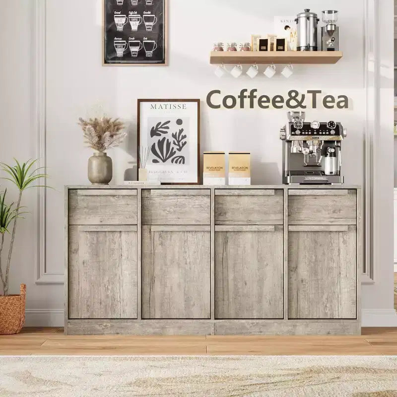 62.4 in Large Coffee Cabinet with Storage Sideboard Buffet Cabinet with 4 Drawers & 4 Doors, Modern Buffet Table for Kitchen