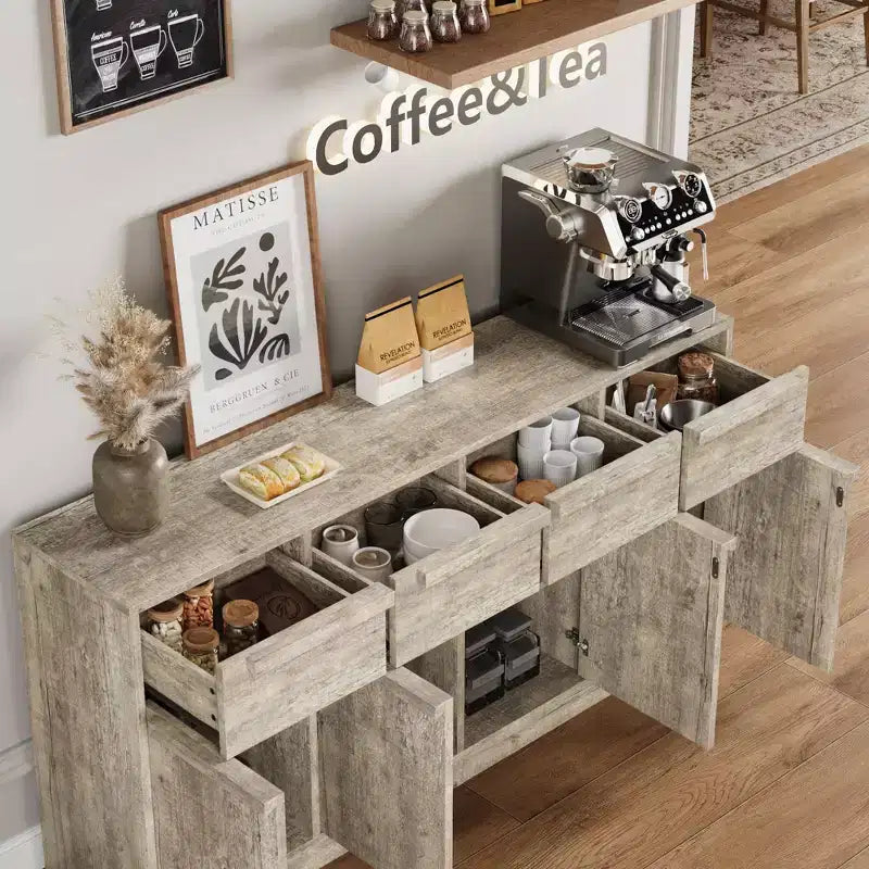 62.4 in Large Coffee Cabinet with Storage Sideboard Buffet Cabinet with 4 Drawers & 4 Doors, Modern Buffet Table for Kitchen