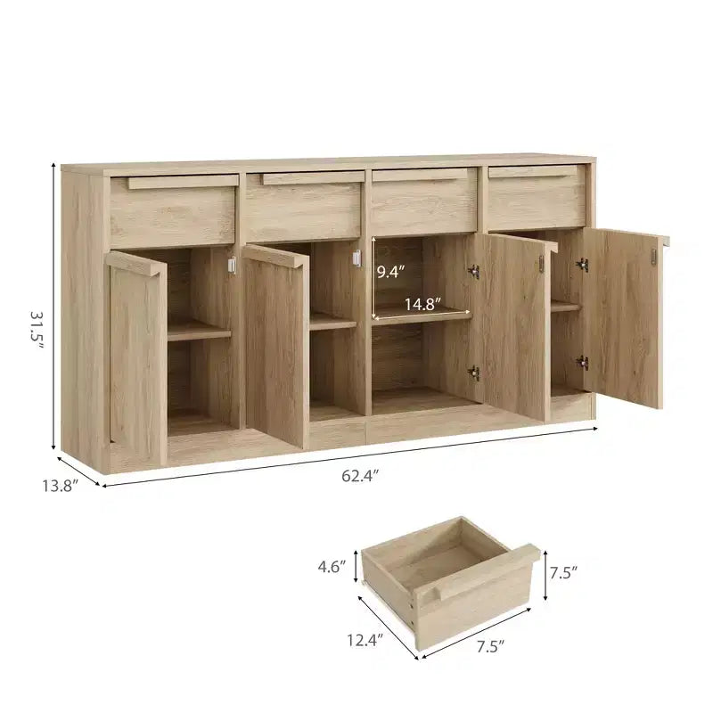 62.4 in Large Coffee Cabinet with Storage Sideboard Buffet Cabinet with 4 Drawers & 4 Doors, Modern Buffet Table for Kitchen