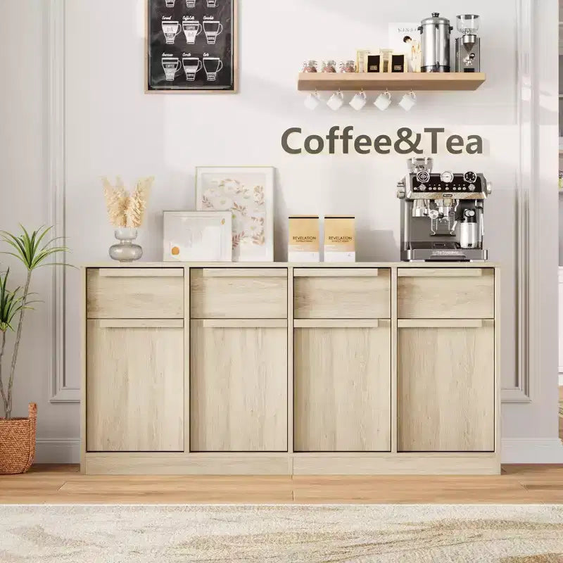 62.4 in Large Coffee Cabinet with Storage Sideboard Buffet Cabinet with 4 Drawers & 4 Doors, Modern Buffet Table for Kitchen