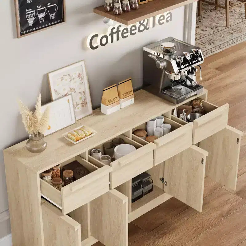 62.4 in Large Coffee Cabinet with Storage Sideboard Buffet Cabinet with 4 Drawers & 4 Doors, Modern Buffet Table for Kitchen