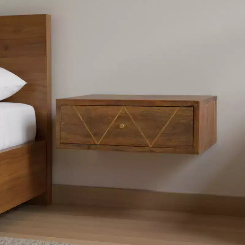 HomeRoots 18 Brown Solid Wood Geometric Brass Inlay One Drawer Floating Nightstand