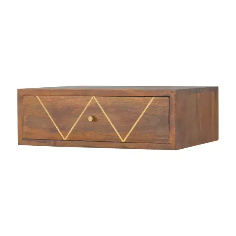 HomeRoots 18 Brown Solid Wood Geometric Brass Inlay One Drawer Floating Nightstand
