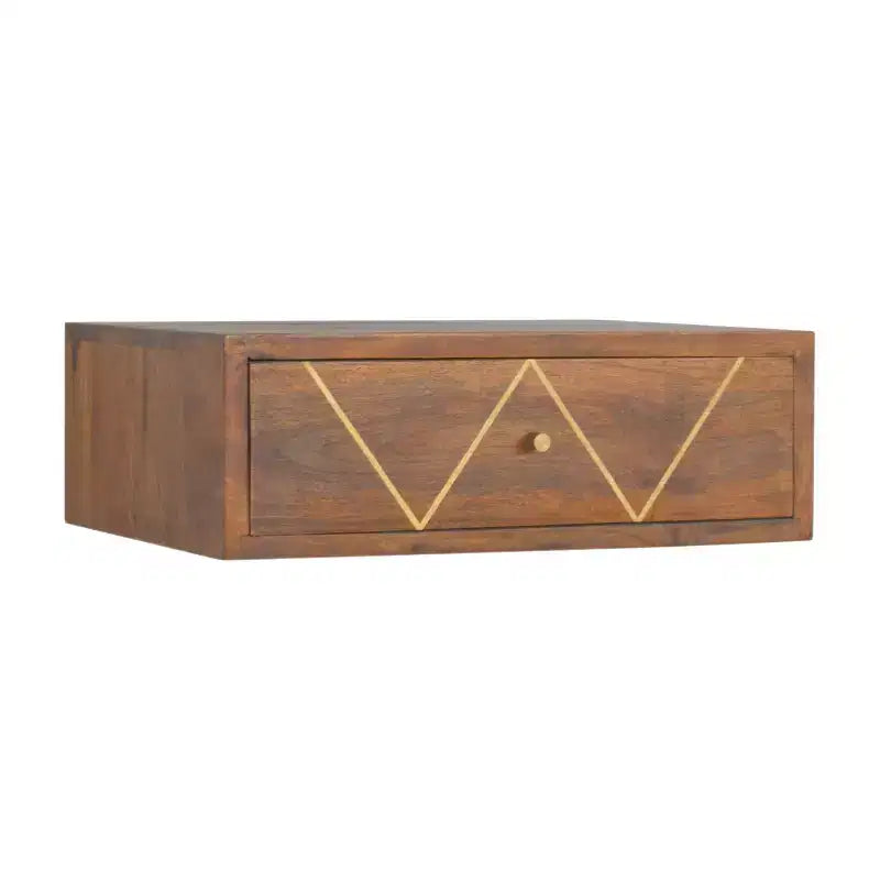 HomeRoots 18 Brown Solid Wood Geometric Brass Inlay One Drawer Floating Nightstand