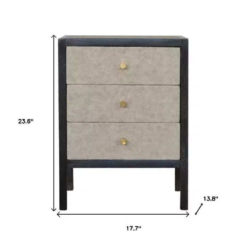HomeRoots 24 Gray And Black Solid Wood And Faux Shagreen Three Drawer Nightstand