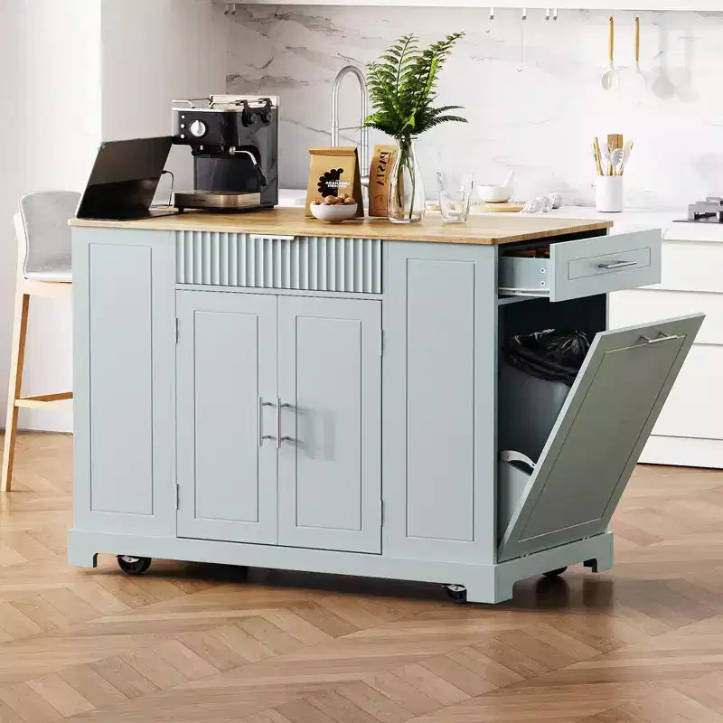 Okak Fluted Kitchen Island with Trash Cabinet, Countertop Organizer with Internal Storage Rack and Power Outlet, 5 Wheels Kitchen Cart