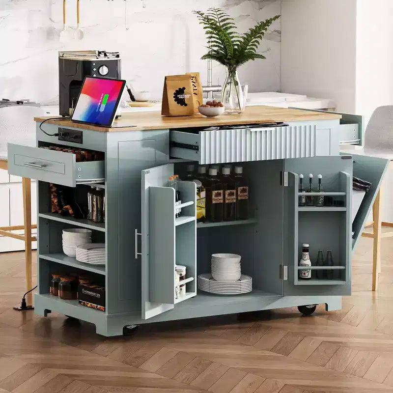 Okak Fluted Kitchen Island with Trash Cabinet, Countertop Organizer with Internal Storage Rack and Power Outlet, 5 Wheels Kitchen Cart