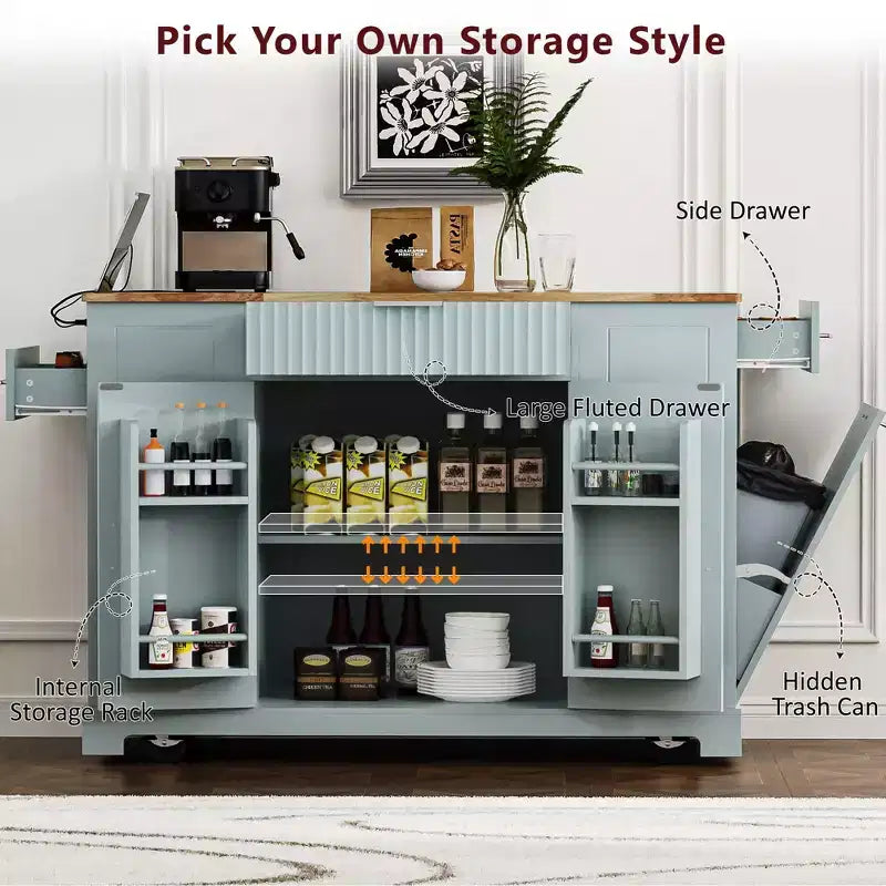 Okak Fluted Kitchen Island with Trash Cabinet, Countertop Organizer with Internal Storage Rack and Power Outlet, 5 Wheels Kitchen Cart