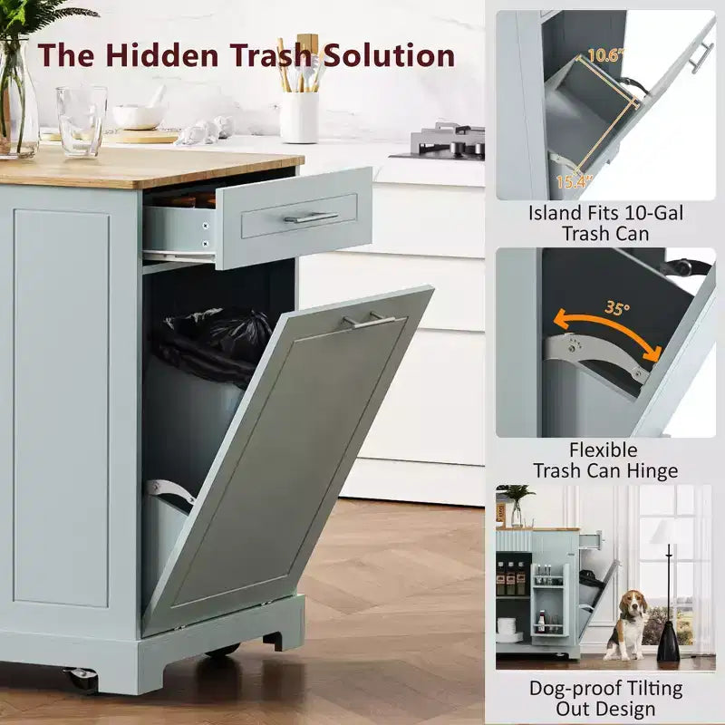 Okak Fluted Kitchen Island with Trash Cabinet, Countertop Organizer with Internal Storage Rack and Power Outlet, 5 Wheels Kitchen Cart