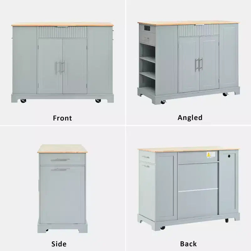 Okak Fluted Kitchen Island with Trash Cabinet, Countertop Organizer with Internal Storage Rack and Power Outlet, 5 Wheels Kitchen Cart