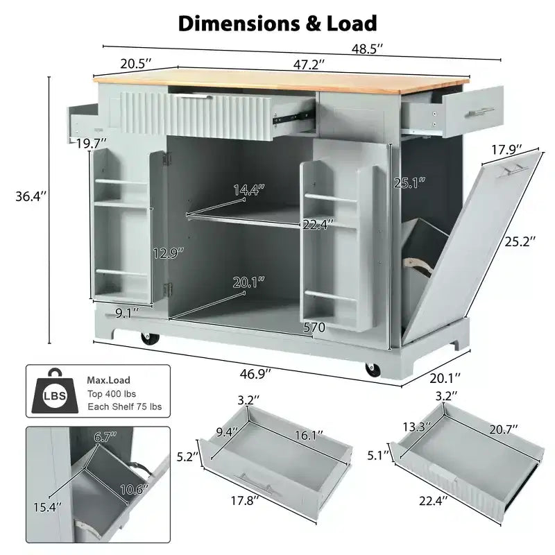 Okak Fluted Kitchen Island with Trash Cabinet, Countertop Organizer with Internal Storage Rack and Power Outlet, 5 Wheels Kitchen Cart