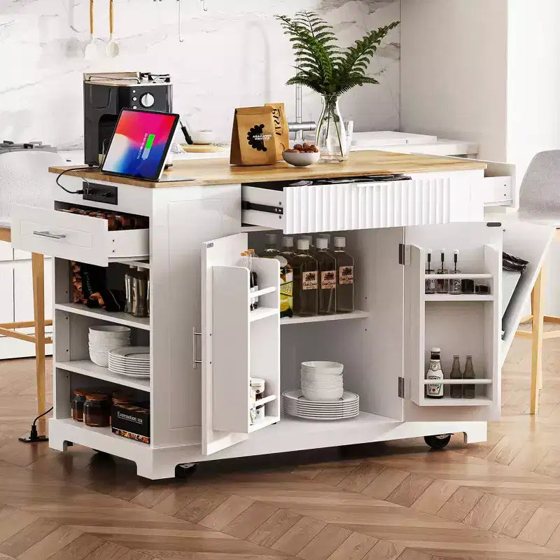 Okak Fluted Kitchen Island with Trash Cabinet, Countertop Organizer with Internal Storage Rack and Power Outlet, 5 Wheels Kitchen Cart