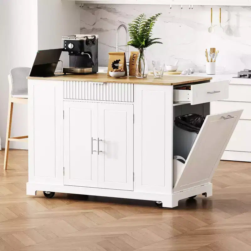 Okak Fluted Kitchen Island with Trash Cabinet, Countertop Organizer with Internal Storage Rack and Power Outlet, 5 Wheels Kitchen Cart