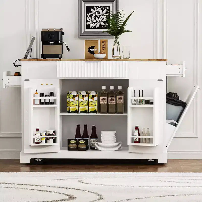 Okak Fluted Kitchen Island with Trash Cabinet, Countertop Organizer with Internal Storage Rack and Power Outlet, 5 Wheels Kitchen Cart