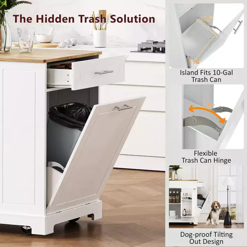 Okak Fluted Kitchen Island with Trash Cabinet, Countertop Organizer with Internal Storage Rack and Power Outlet, 5 Wheels Kitchen Cart