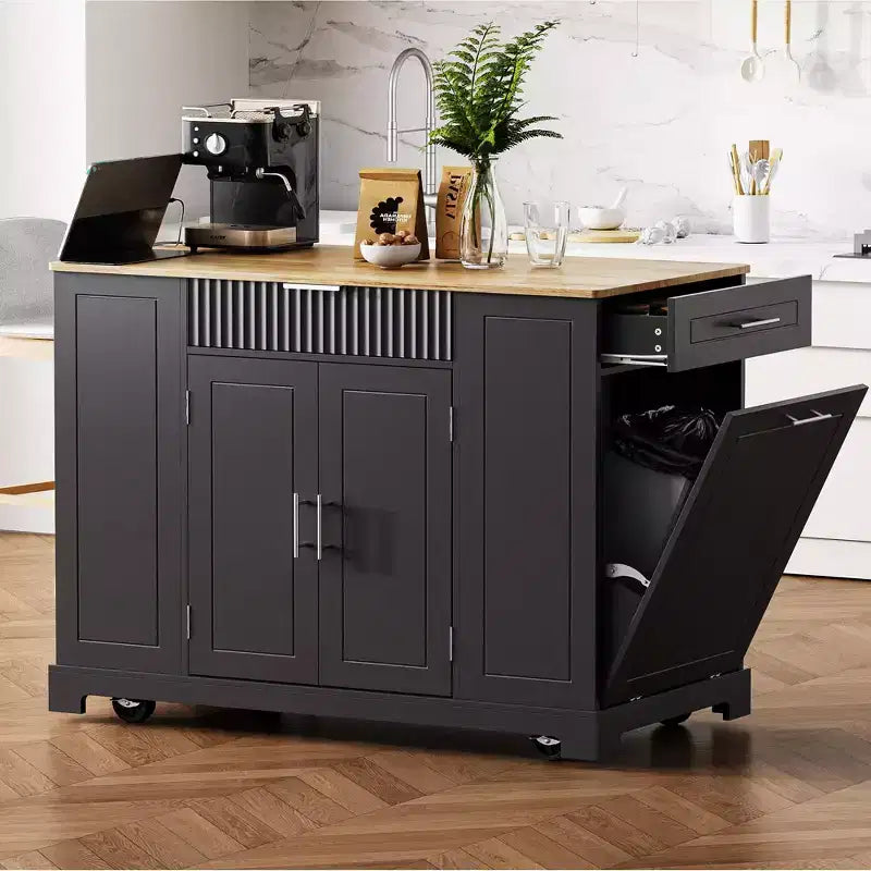 Okak Fluted Kitchen Island with Trash Cabinet, Countertop Organizer with Internal Storage Rack and Power Outlet, 5 Wheels Kitchen Cart