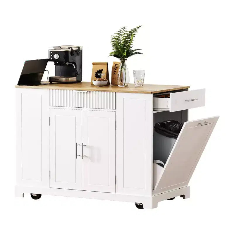 Okak Fluted Kitchen Island with Trash Cabinet, Countertop Organizer with Internal Storage Rack and Power Outlet, 5 Wheels Kitchen Cart