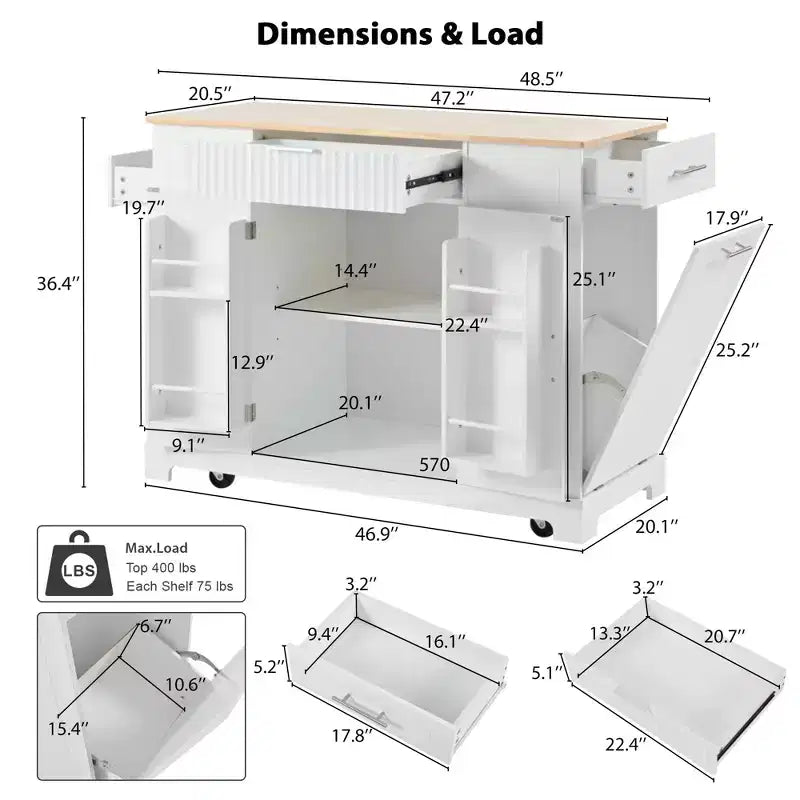Okak Fluted Kitchen Island with Trash Cabinet, Countertop Organizer with Internal Storage Rack and Power Outlet, 5 Wheels Kitchen Cart